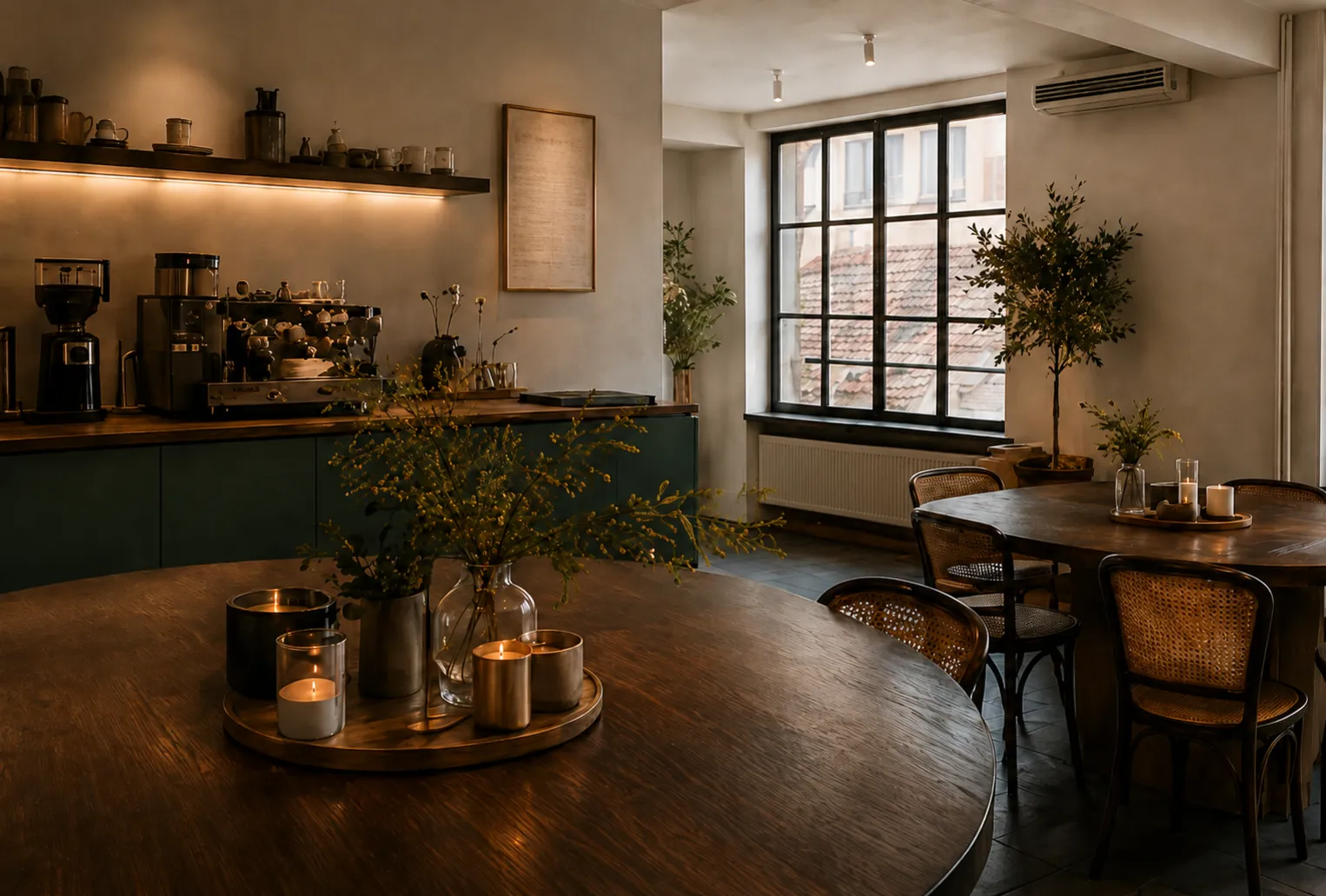 The Nook, Treats' coworking space in Milan: wooden tables and the coffee corner